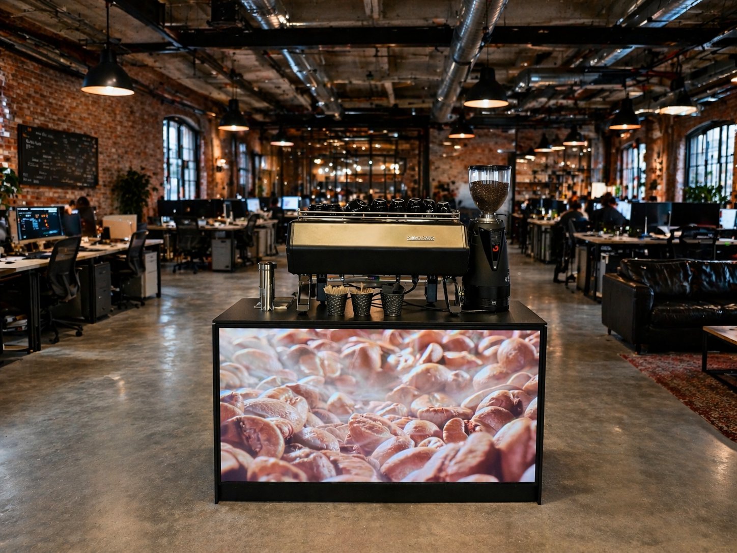 Coffee Live Brewing — bar kawowy w przestrzeni biurowej loftowej